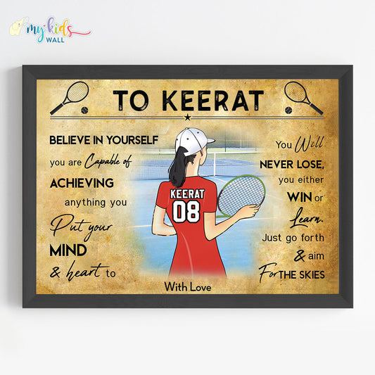 Tennis Player Girl Personalized Motivational Wall Art (Framed)