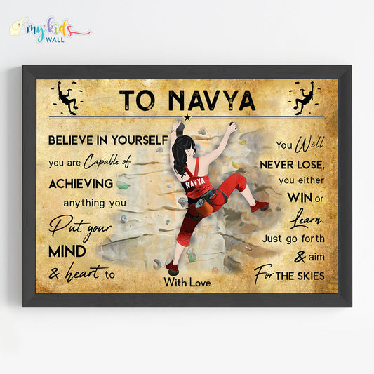 Rock Climbing Girl Personalized Motivational Wall Art (Framed) New