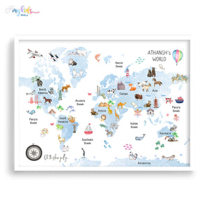 Fun & Learn Blue Animals World Map (Framed)