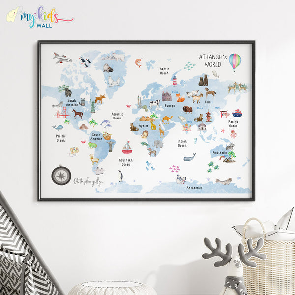 Load image into Gallery viewer, Fun &amp; Learn Blue Animals World Map (Framed)
