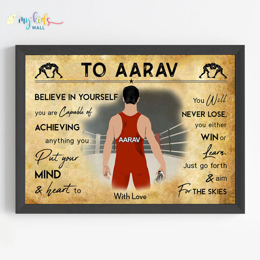 Wrestling Player Boy Personalized Motivational Wall Art (Framed)