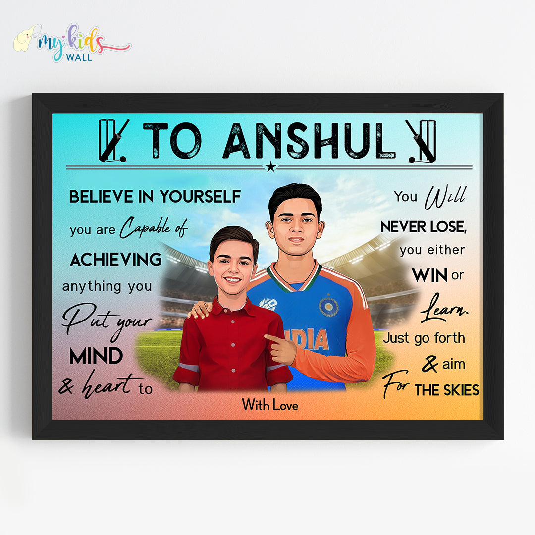 Cricket Champ with Yashasvi Jaiswal Personalized Motivational Portrait (Framed)