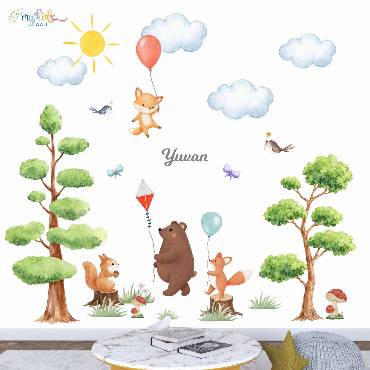 Adventure Forest Friends With Balloons Personalized Wall Stickers