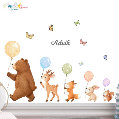 Animal Friends With Balloons Personalized Wall Stickers