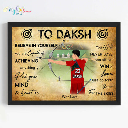 Personalized motivational wall art in a black frame for a boy featuring an archer in a red jersey aiming at a target.