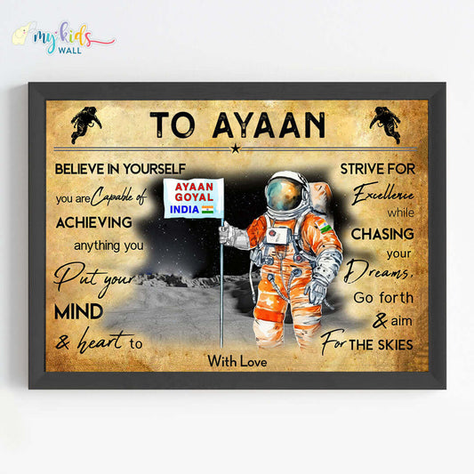 Aspiring astronaut on moon motivational black wall frame