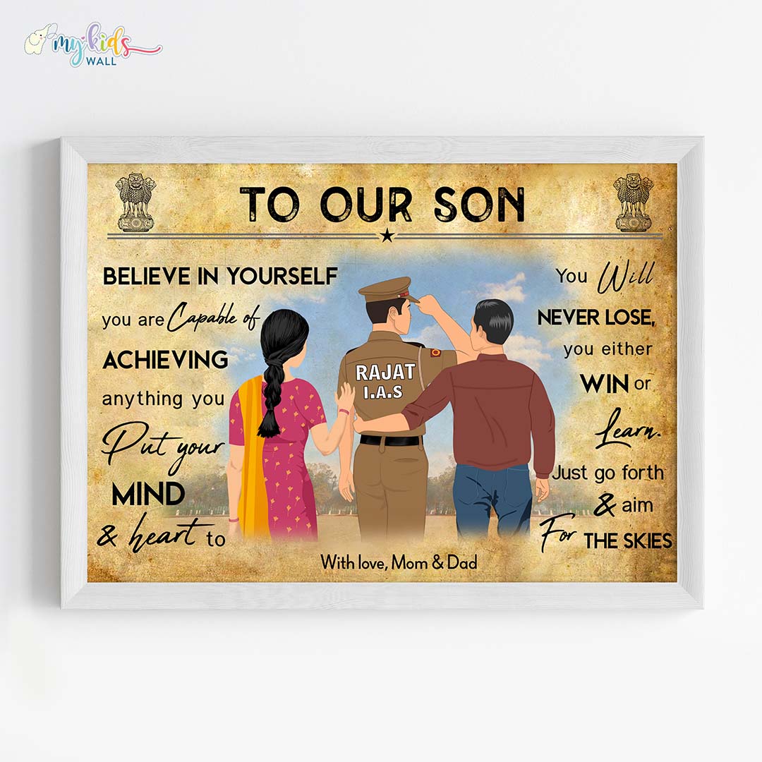 aspiring IAS officer boy with parents personalized motivational wall art white framed 