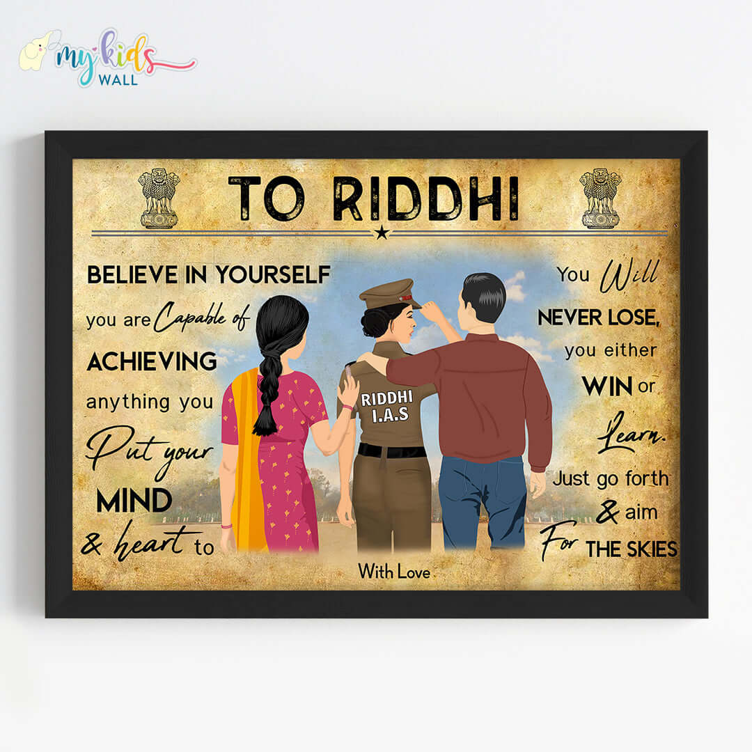 Aspiring IAS officer girl with parents motivational black wall frame