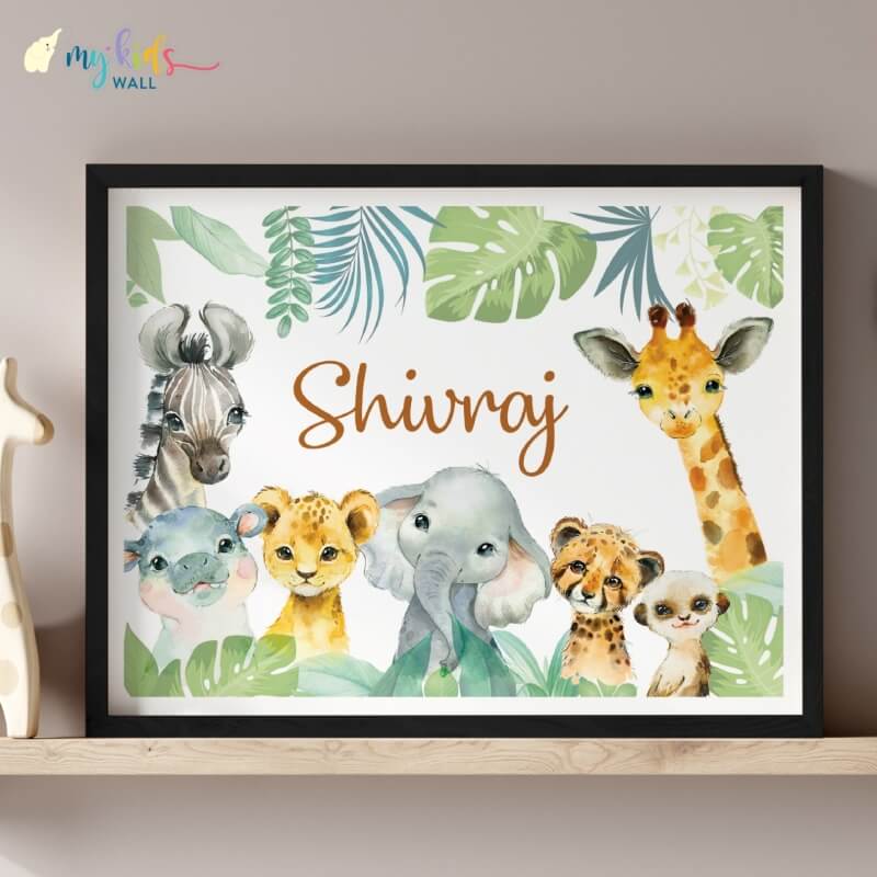 Name Wall Art with Baby Safari Animals black frame