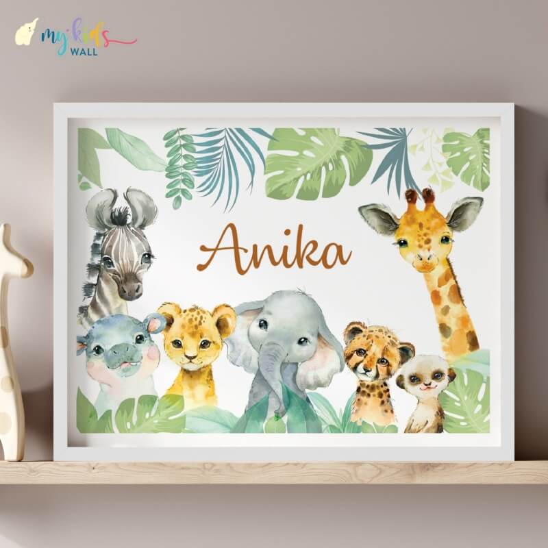 Name Wall Art with Baby Safari Animals white frame