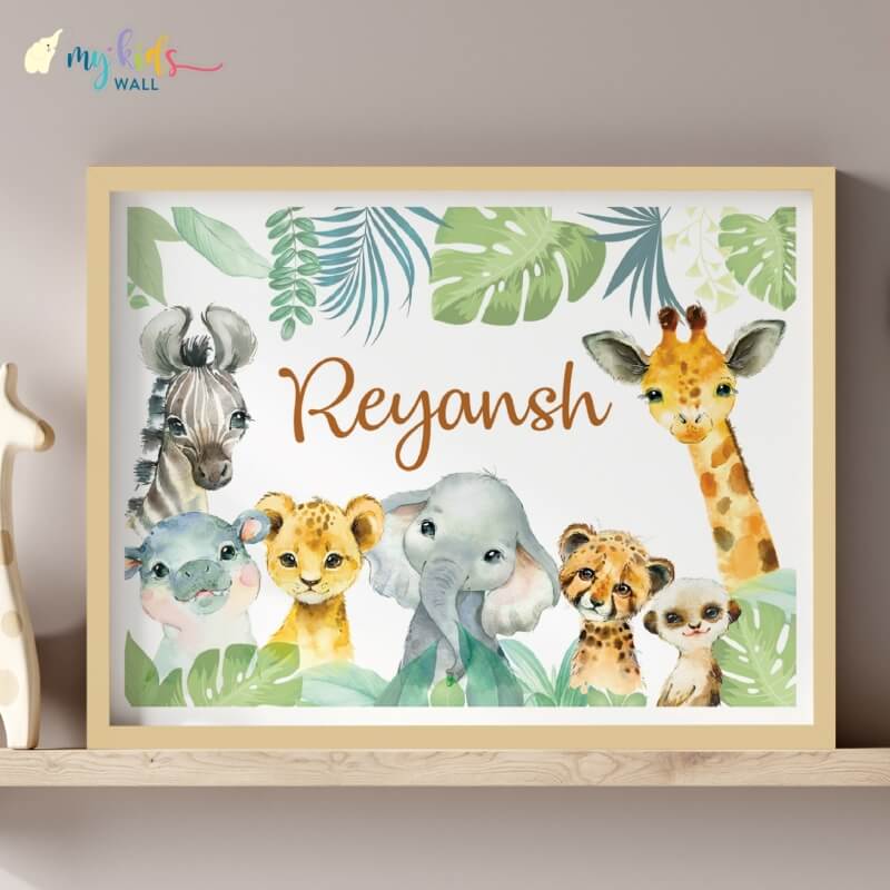 Name Wall Art with Baby Safari Animals wooden frame