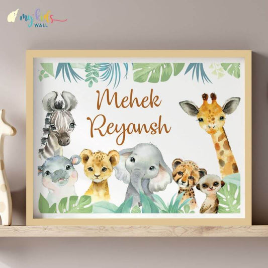 Siblings Name Wall Art with Baby Safari Animals wooden frame