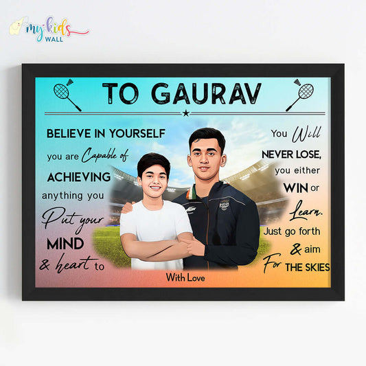 Motivational black wall frame of Lakshya Sen with a child