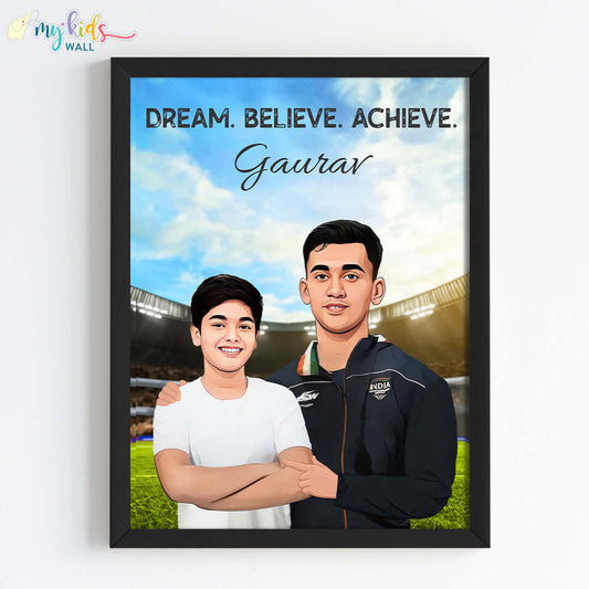 Inspirational black wall frame of Lakshya Sen with a child