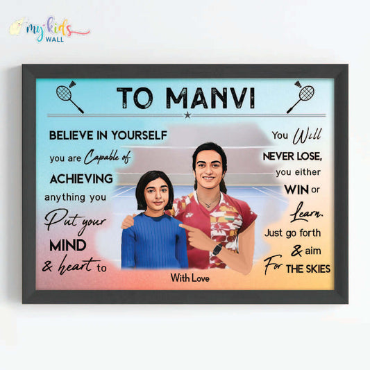 Motivational black wall frame of PV Sindhu with a child