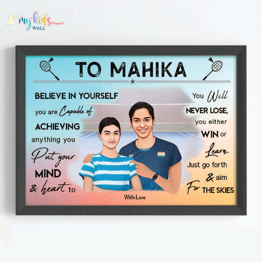 Motivational black wall frame of Saina Nehwal with a child