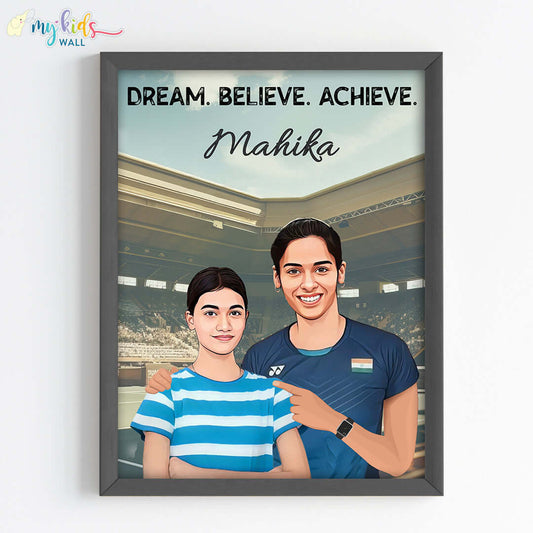 Inspirational black wall frame of Saina Nehwal with a child