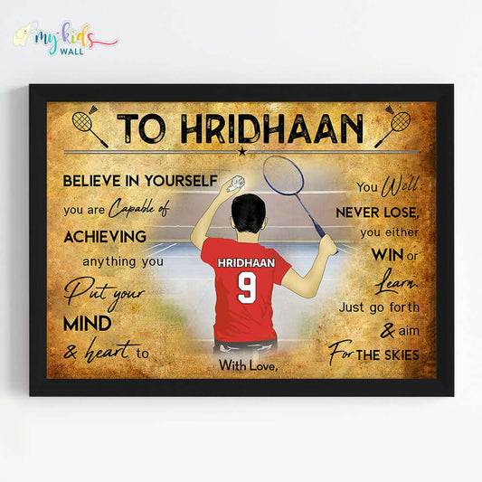 Motivational wall art of Badminton Player Boy black frame