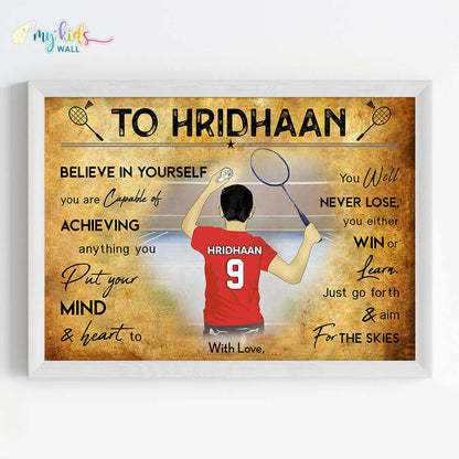 Motivational wall art of Badminton Player Boy white frame