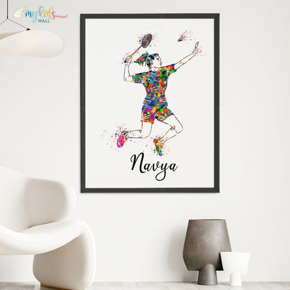 inspirational wall art of Badminton Player Girl black frame