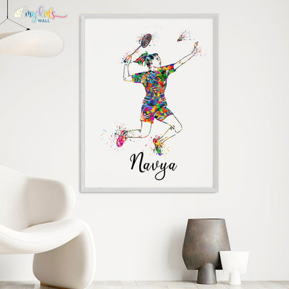 inspirational wall art of Badminton Player Girl white frame