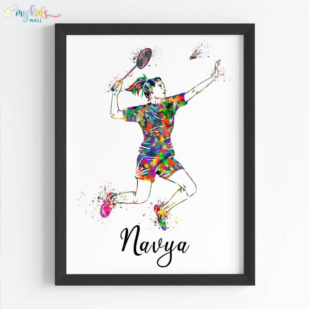 inspirational wall art of Badminton Player Girl black frame