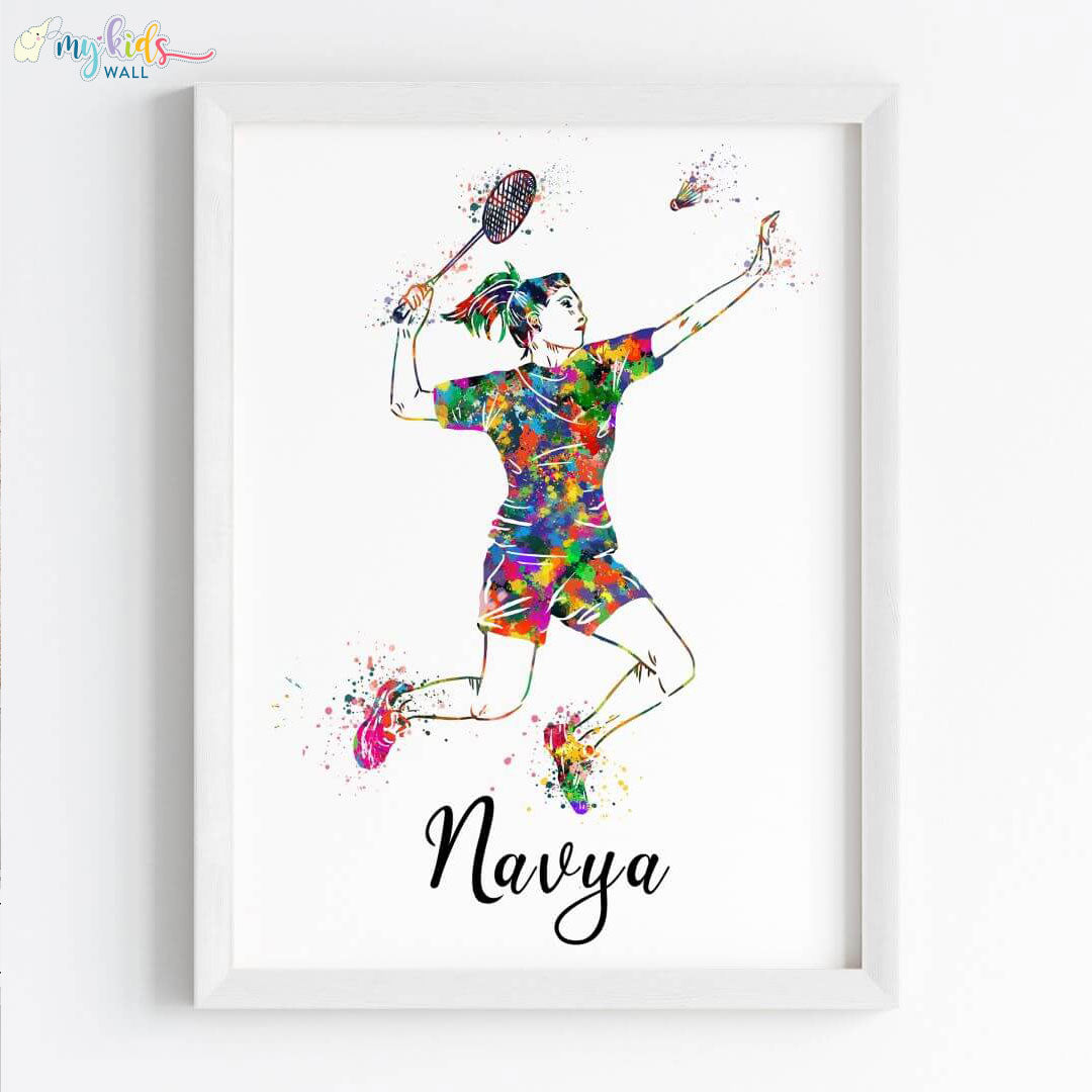 inspirational wall art of Badminton Player Girl white frame