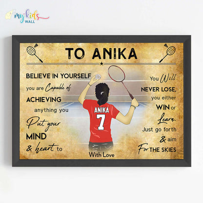 Motivational wall art of Badminton Player Girl black frame