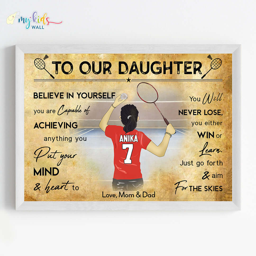 Motivational wall art of Badminton Player Girl white frame