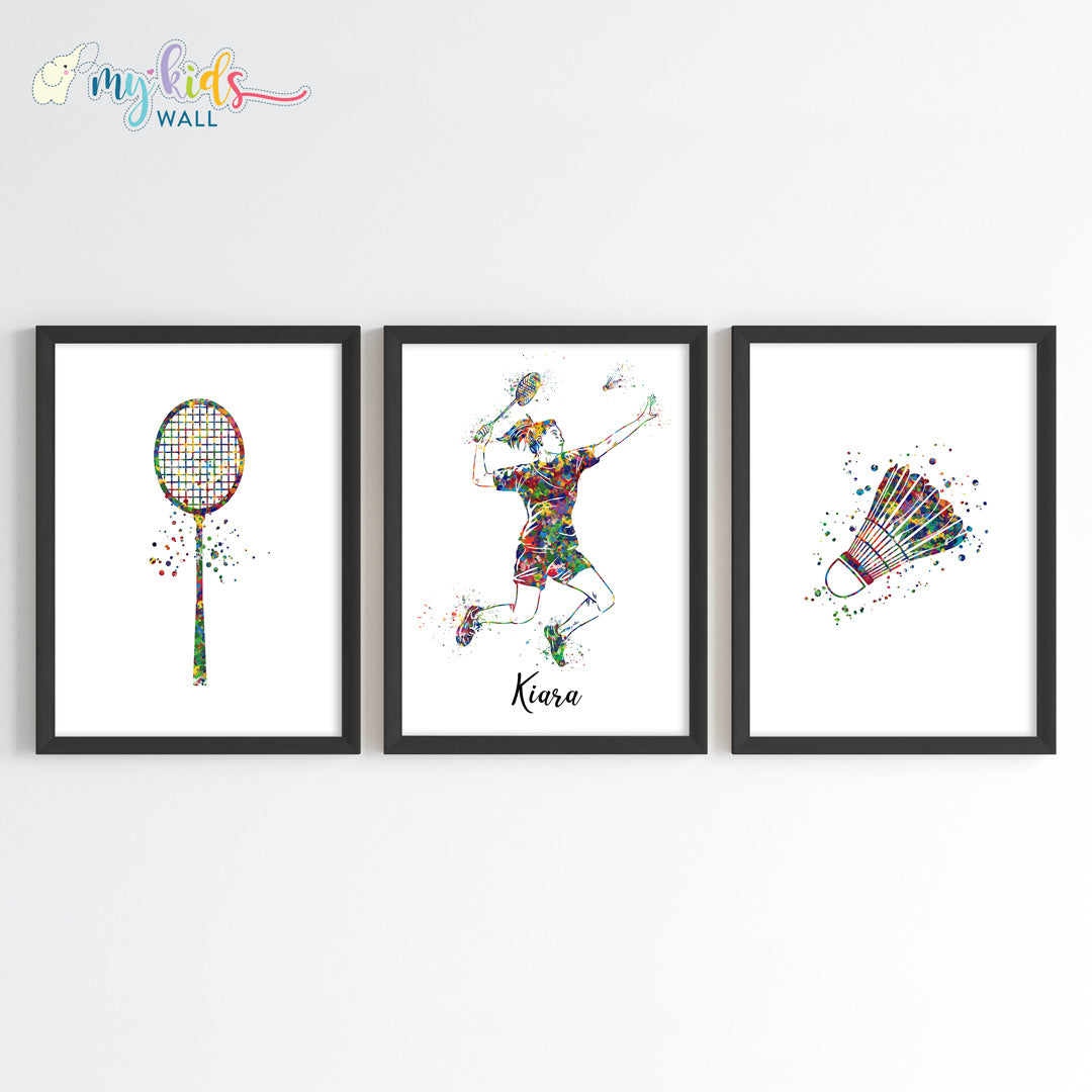 Badminton Player Girl Personalized Wall Art Framed Set of 3 Black 