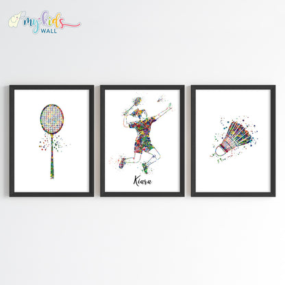 Badminton Player Girl Personalized Wall Art Framed Set of 3 Black 