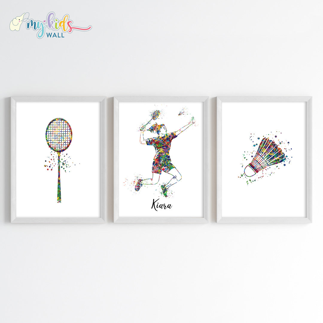 Badminton Player Girl Personalized Wall Art Framed Set of 3 White