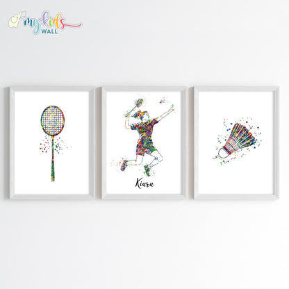 Badminton Player Girl Personalized Wall Art Framed Set of 3 White