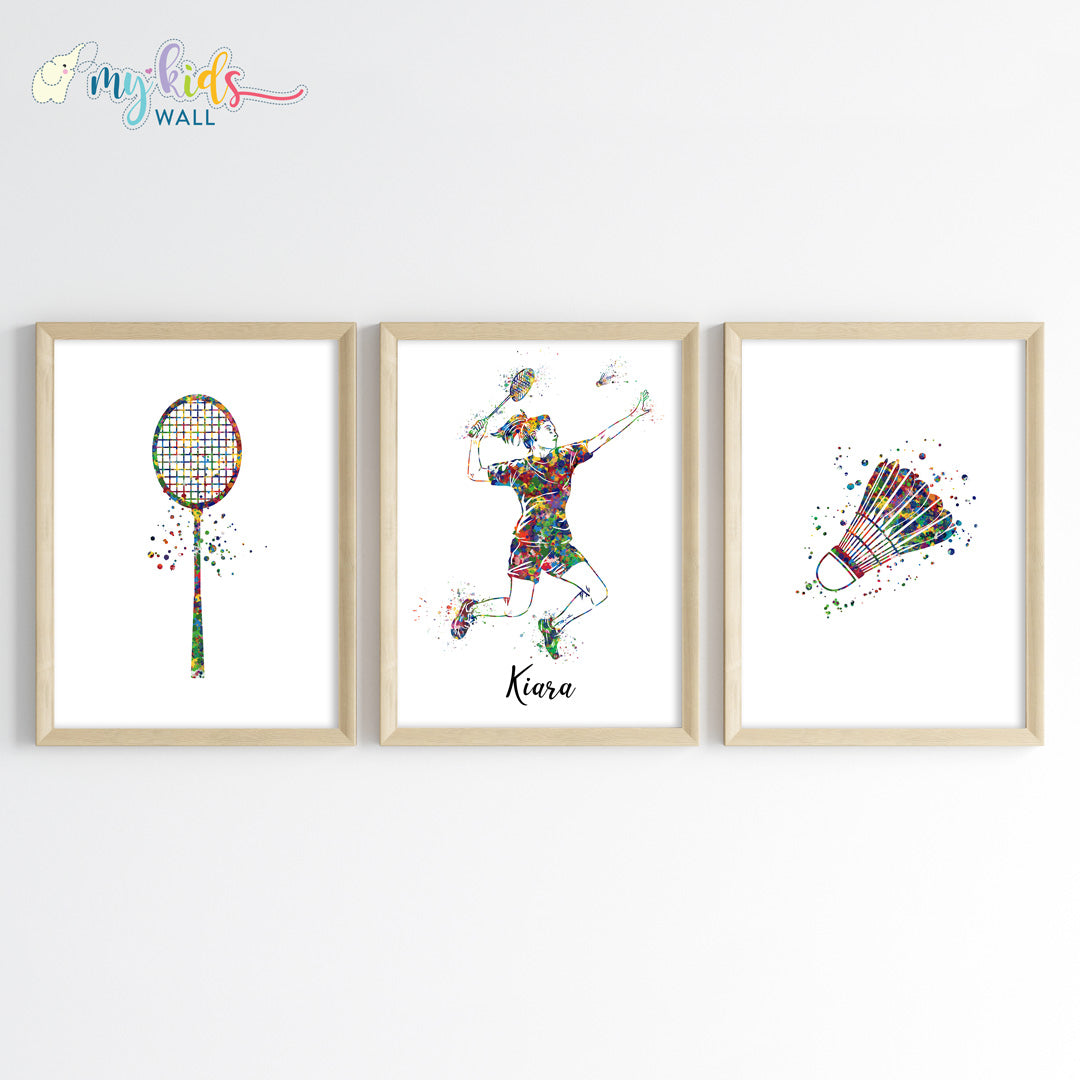 Badminton Player Girl Personalized Wall Art Framed Set of 3 Wooden