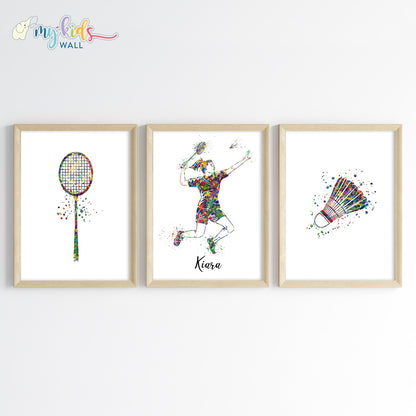 Badminton Player Girl Personalized Wall Art Framed Set of 3 Wooden