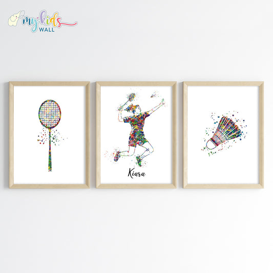 Badminton Player Girl Personalized Wall Art Framed Set of 3 Wooden