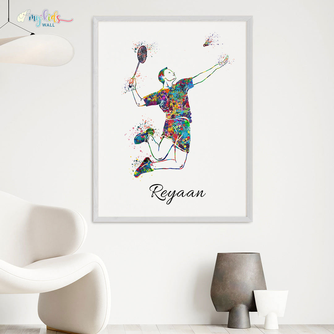 inspirational wall art of Badminton Player boy white frame