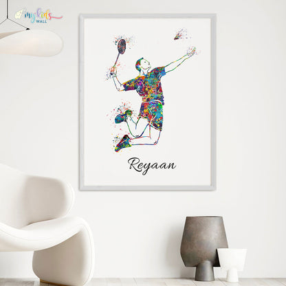 inspirational wall art of Badminton Player boy white frame