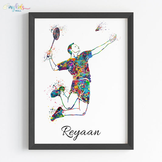 inspirational wall art of Badminton Player boy black frame