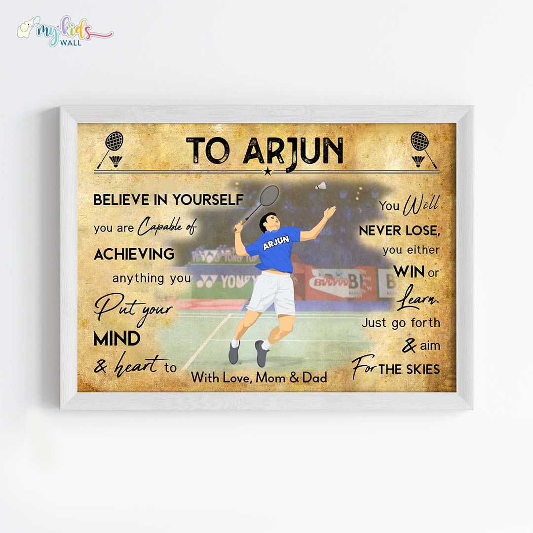 Badminton Player Smasher Boy Personalized Motivational Wall Art White