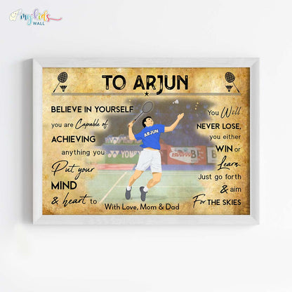 Badminton Player Smasher Boy Personalized Motivational Wall Art White