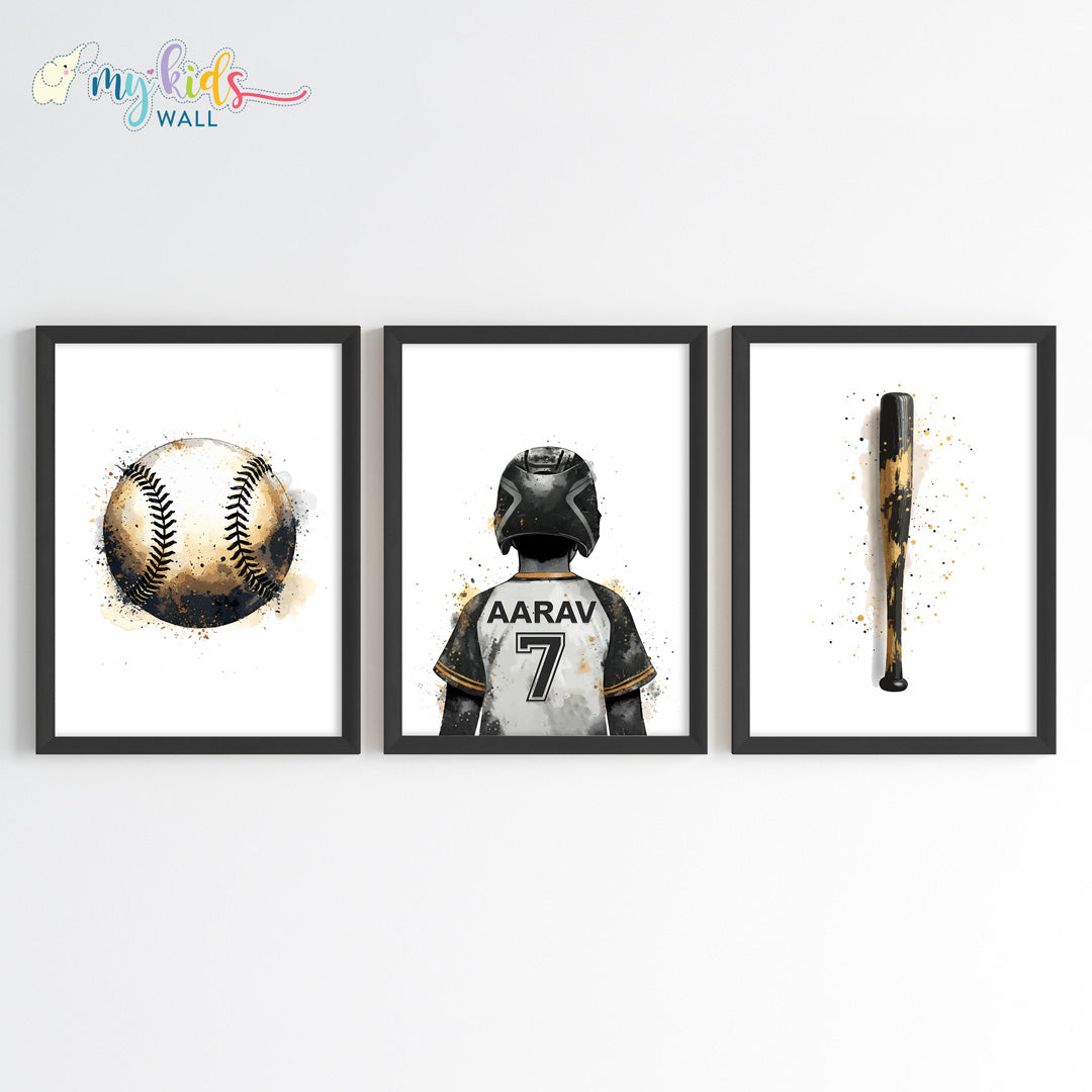 Baseball Boy Player Personalised Wall Art Framed Set of 3 Black