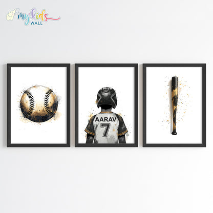 Baseball Boy Player Personalised Wall Art Framed Set of 3 Black