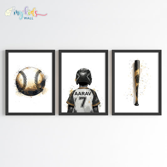 Baseball Boy Player Personalised Wall Art Framed Set of 3 Black