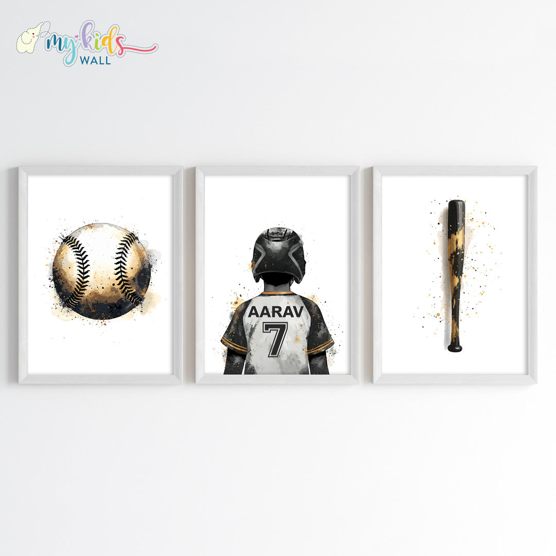 Baseball Boy Player Personalised Wall Art Framed Set of 3 White