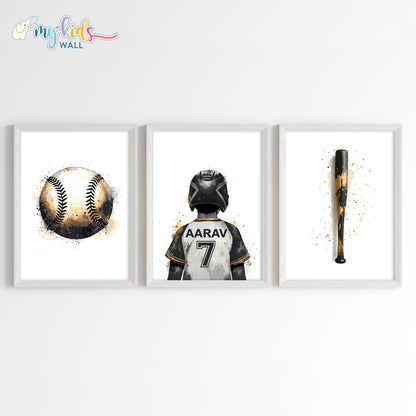 Baseball Boy Player Personalised Wall Art Framed Set of 3 White
