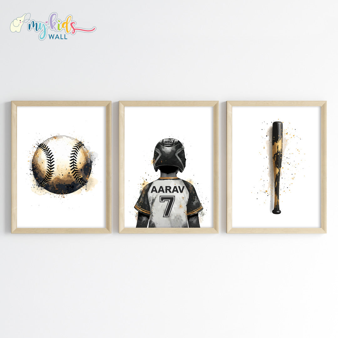 Baseball Boy Player Personalised Wall Art Framed Set of 3 Wooden