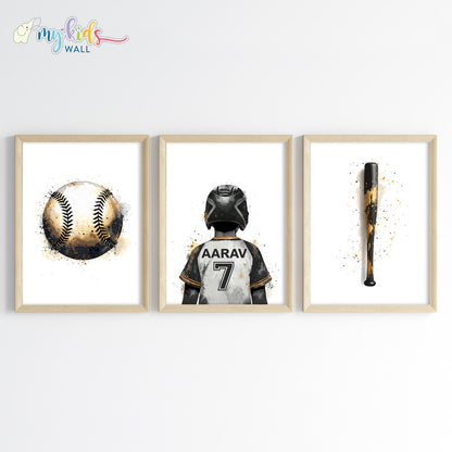 Baseball Boy Player Personalised Wall Art Framed Set of 3 Wooden