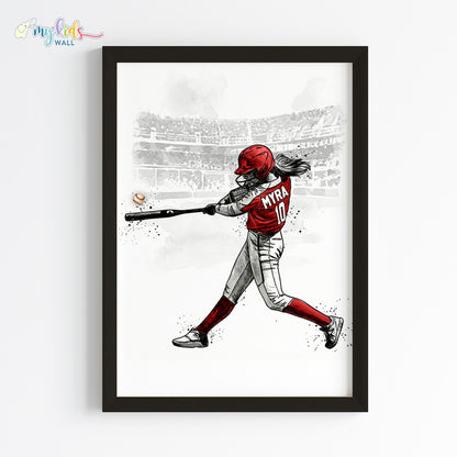 Baseball Hitter Girl Personalised Wall Art Framed Black