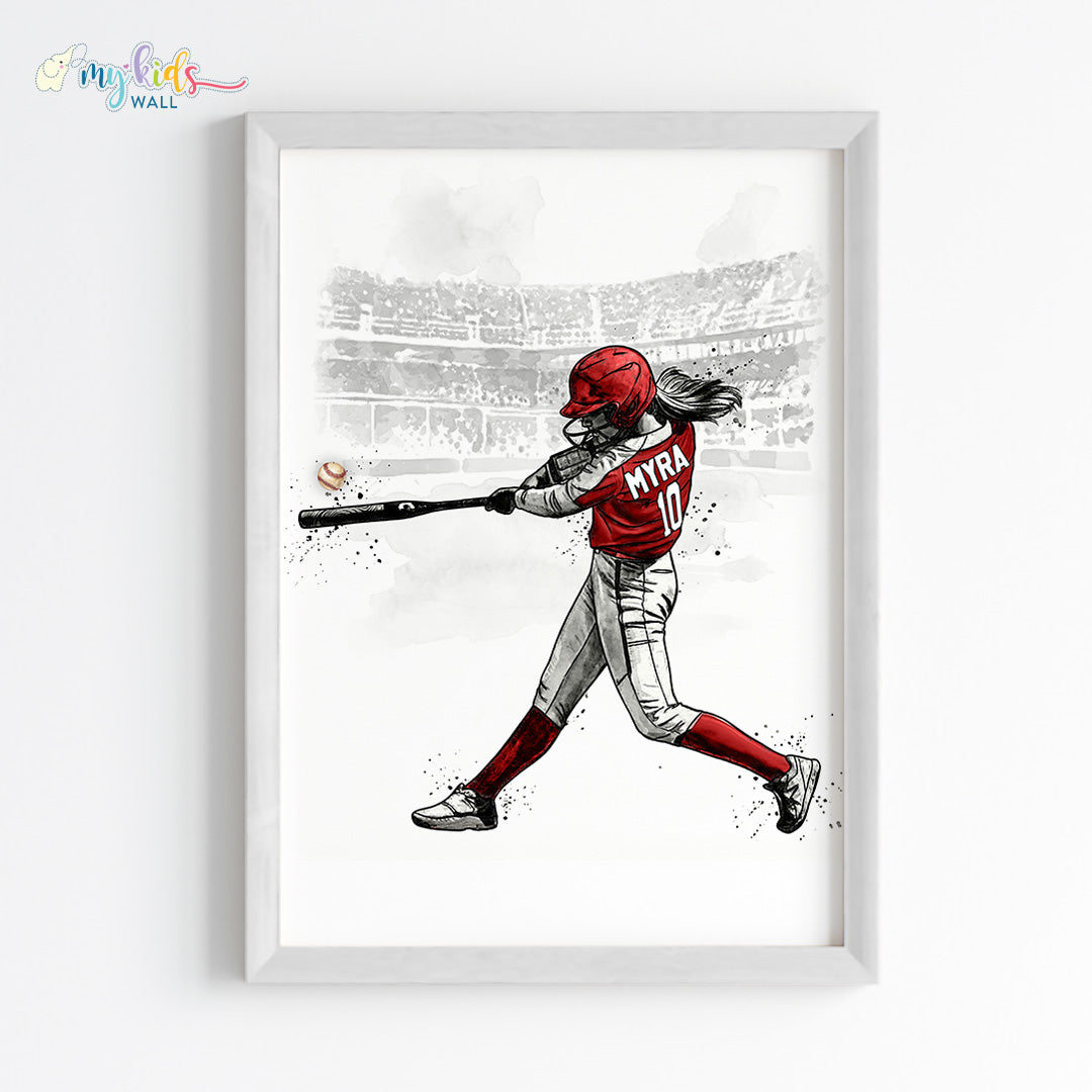 Baseball Hitter Girl Personalised Wall Art Framed White